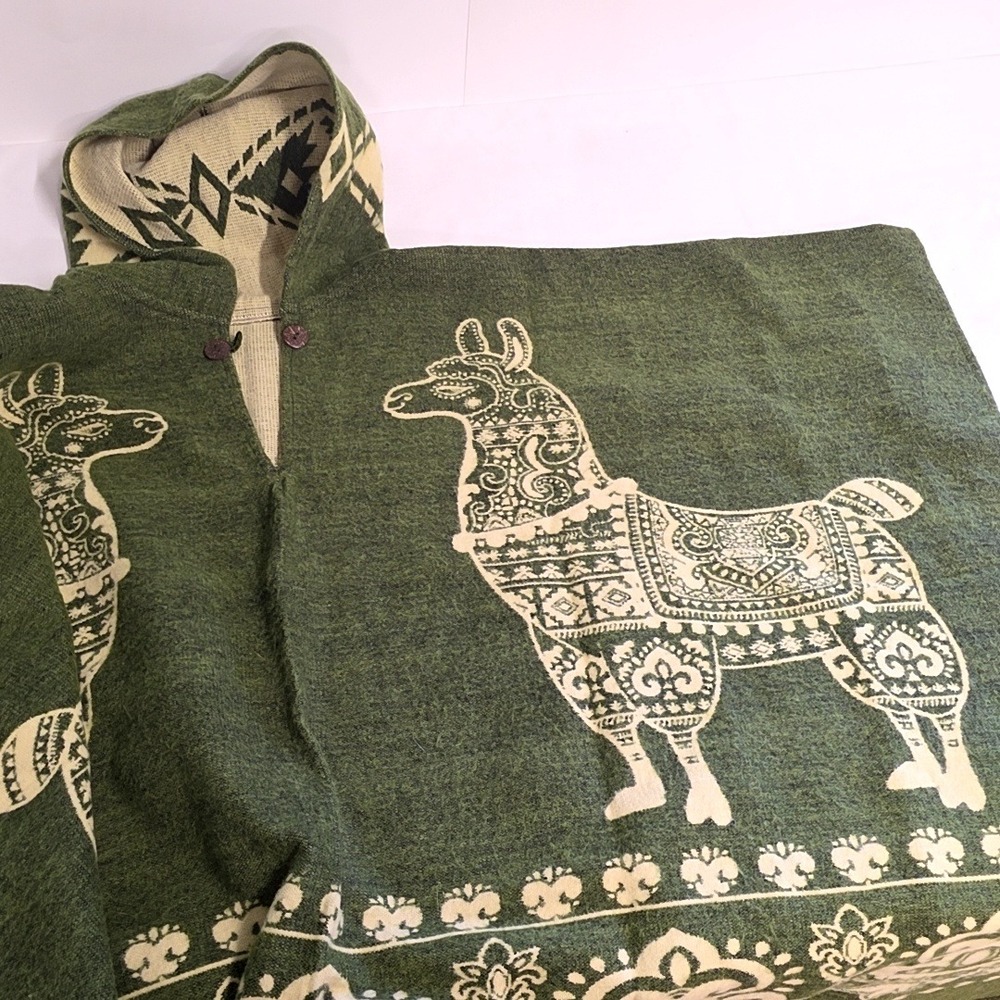 Artesanias Kenny Poncho Unisex OS Green Llama Wool Blend Reversible Hooded